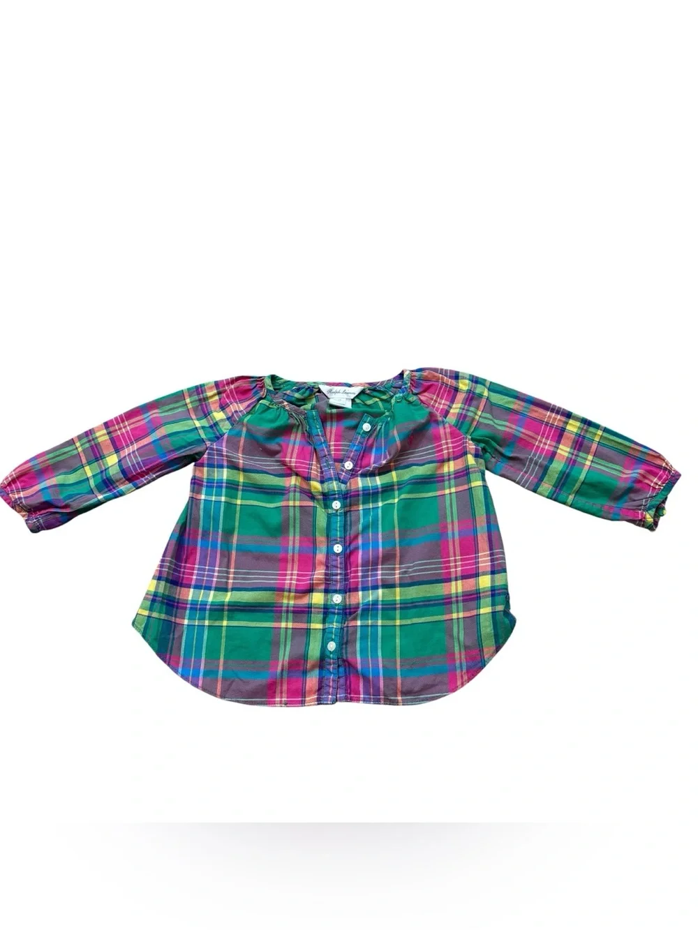 Ralph Lauren Pink and Green Plaid Button Down Blouse Size 9 Months